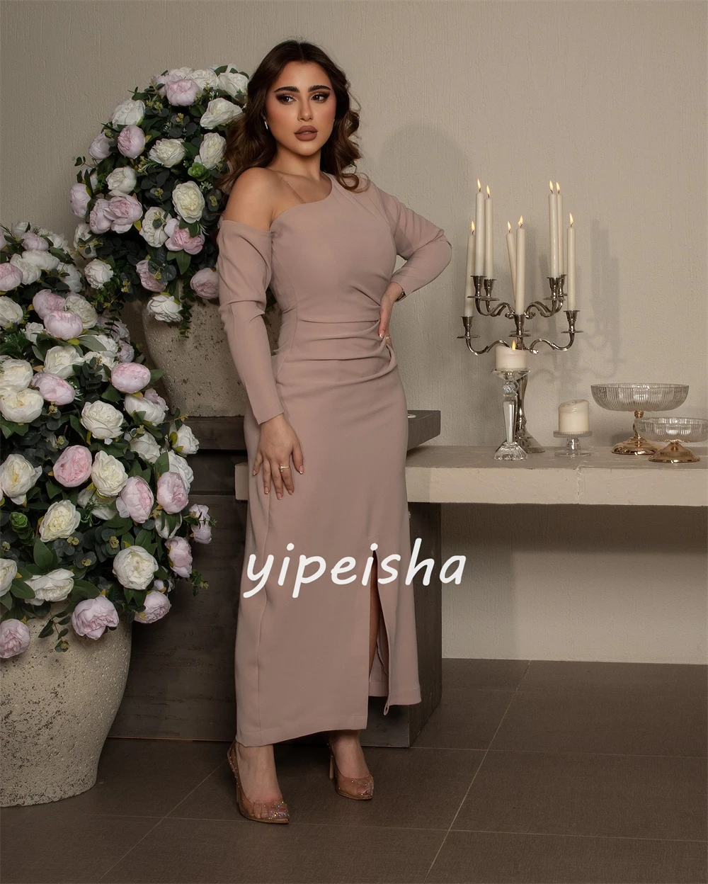 Jersey Draped Pleat Clubbing A-line Off-the-shoulder Bespoke Occasion Gown Midi Dresses