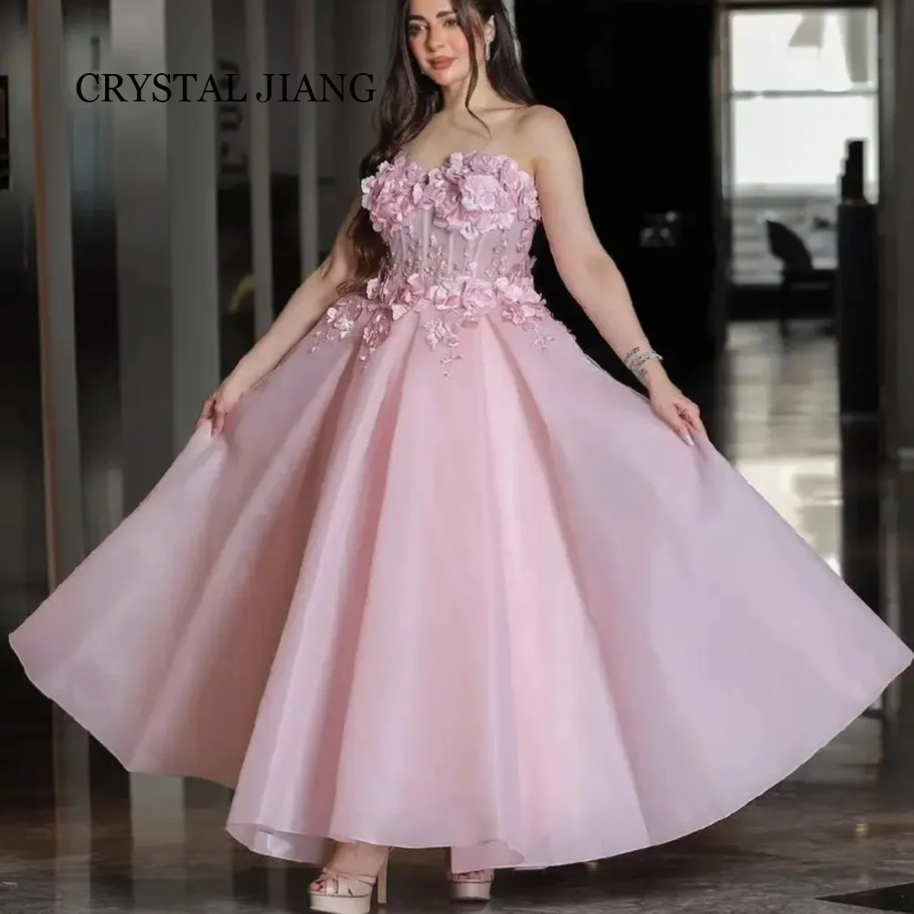 

Classy Long Pink Strapless Tulle Prom Dresses Sleeveless with Appliques A Line Ankle Length Vestidos Para Eventos Especiales