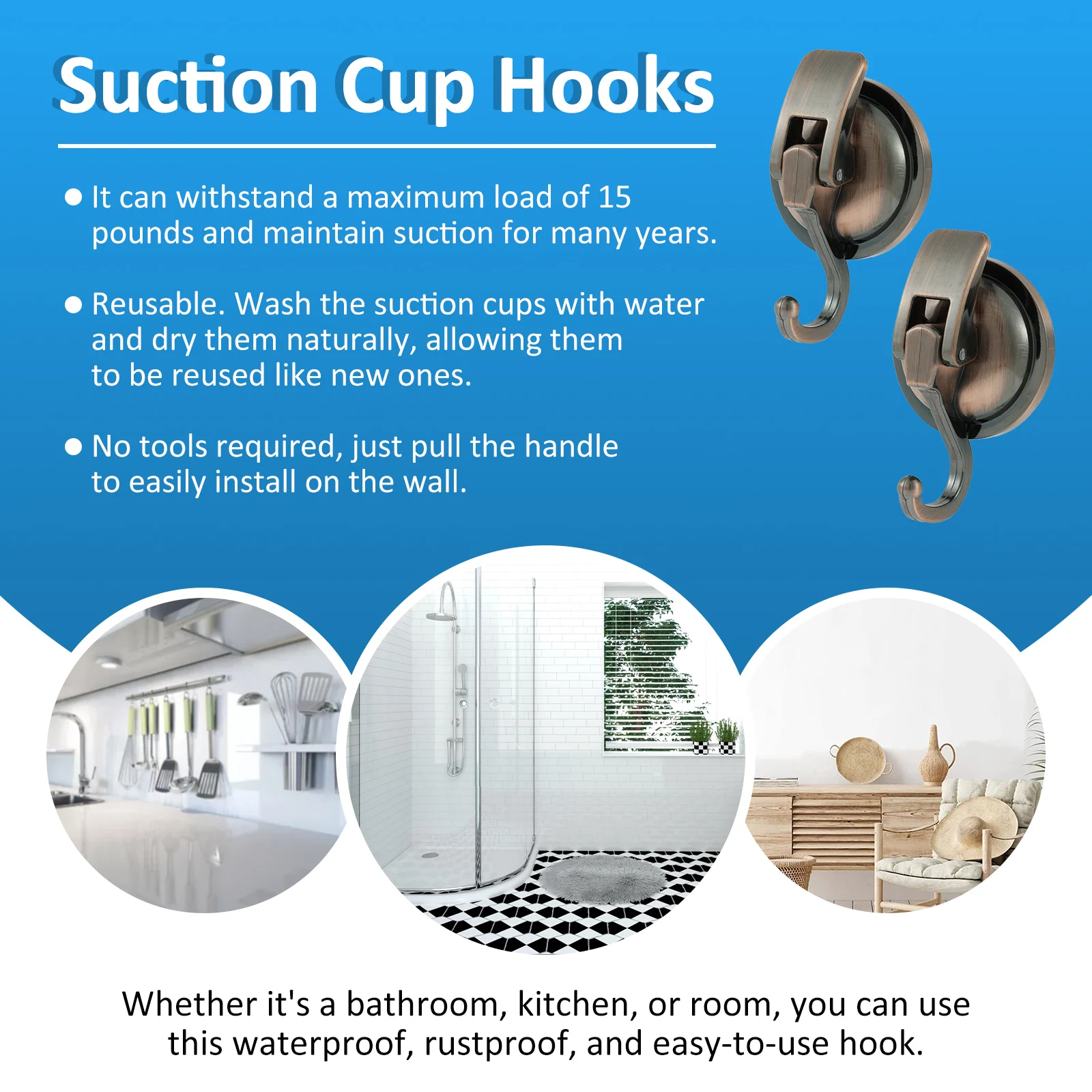 2PCS/Set Suction Cup Hooks Heavy-Duty Suction Cup Hooks Easy to Install and Removable Without Punching for Kitchen Bathroom