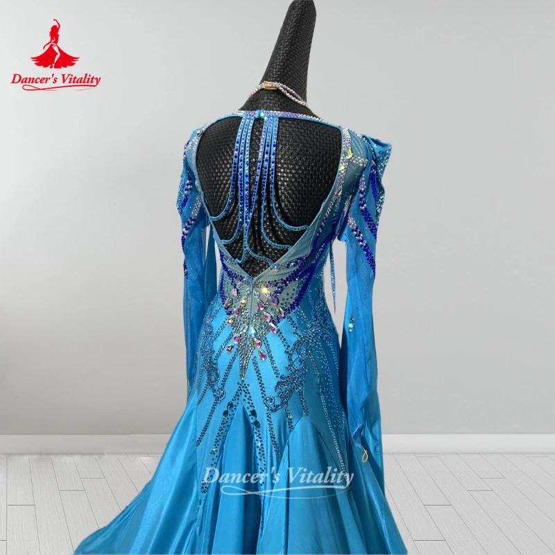 호수색 볼룸 댄스 진주 실크 하단 헴라인 드레스 (목걸이 포함) 성인 여성용 포크스트롯 왈츠 의상 맞춤 제작 댄서의 활력