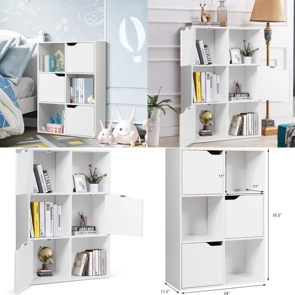 

6-cube modular storage cabinet with open shelves and enclosed compartments