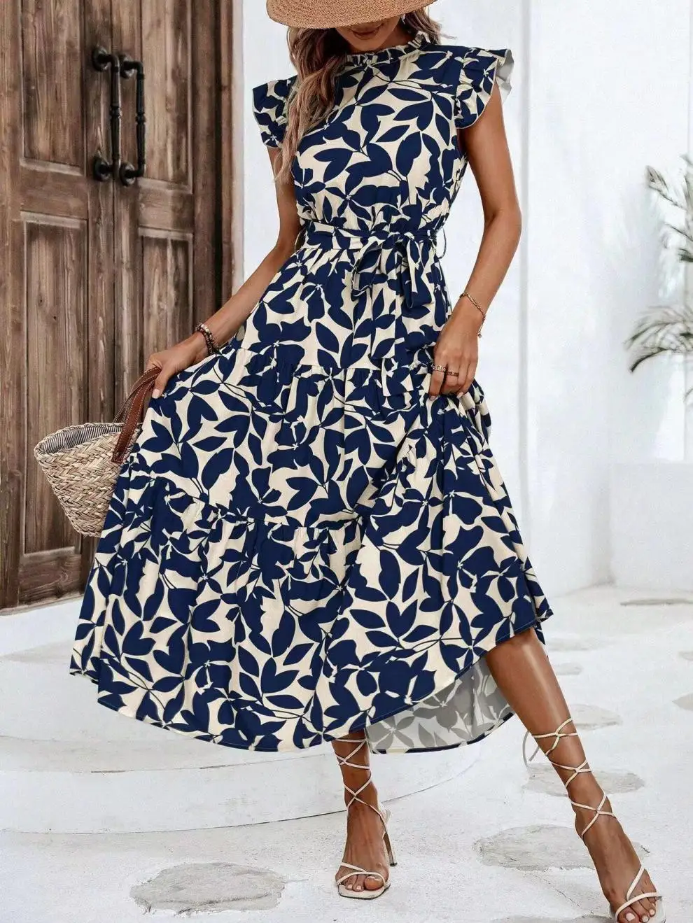 

Women's Floral Print Belted High Waisted A Line Layered Dress Ruffle Cap Sleeve Crew neck Butterfly Sleeve Summer Long Dress