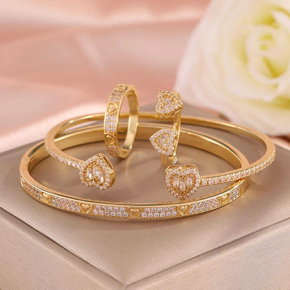 Yupsk 4-teiliges modisches Herz-Design-Armband-Ring-Set aus glänzendem Zirkon-Kupfer für Frauen, exquisiter, wunderschöner Schmuck für Hochzeiten und Partys – Detail 2
