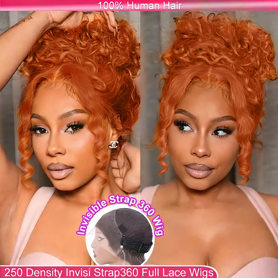 

Invisible Strap 360 Full Lace Glueless Wig Ginger Orange Deep Wave Frontal Wig Hidden Water Wave Lace Front Wig Human Hair