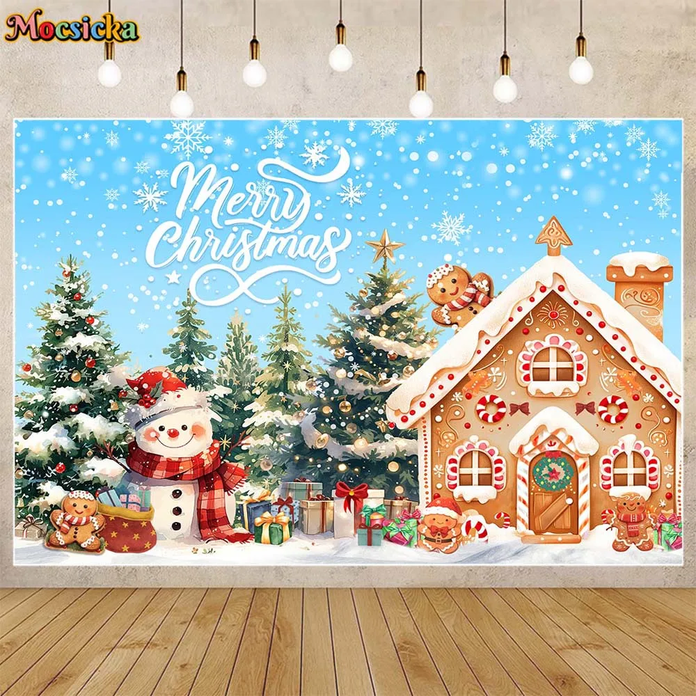 Mocsicka Winter Christmas Backdrop for Photography Gingerbread House Snowman Xmas Tree Merry Christmas Kids Background Photocall