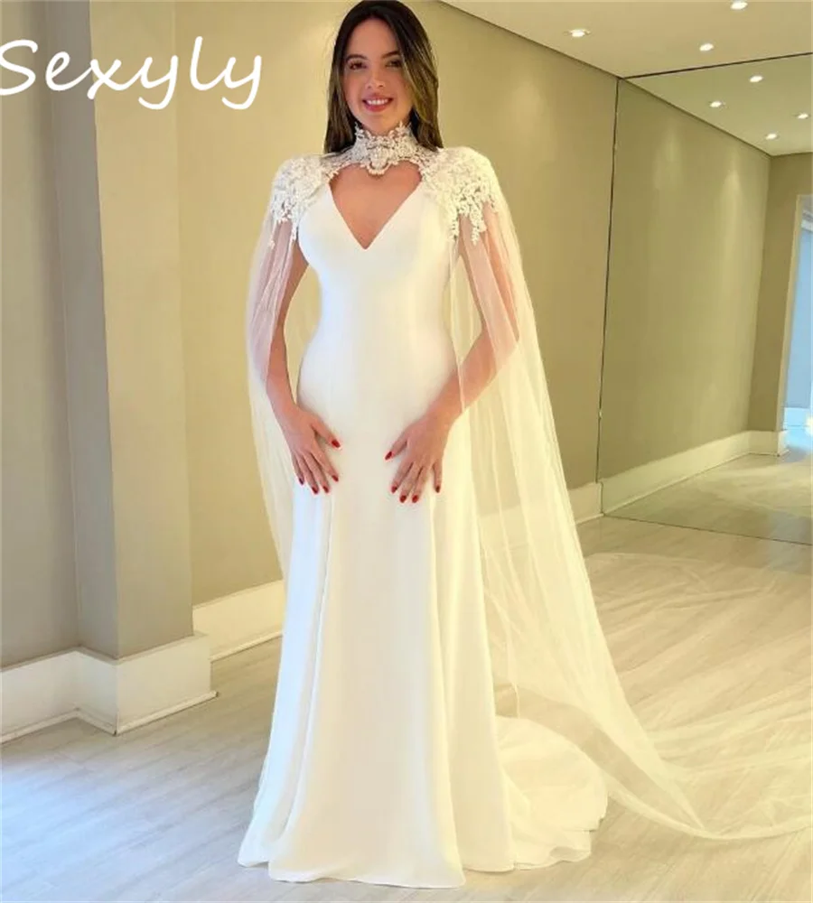 

New Boho Wedding Dress With Wrap Caped Elegant White Mermaid Bohemian Bride Dresses 2023 Chic Beach Arabic Bridal Gowns Lace