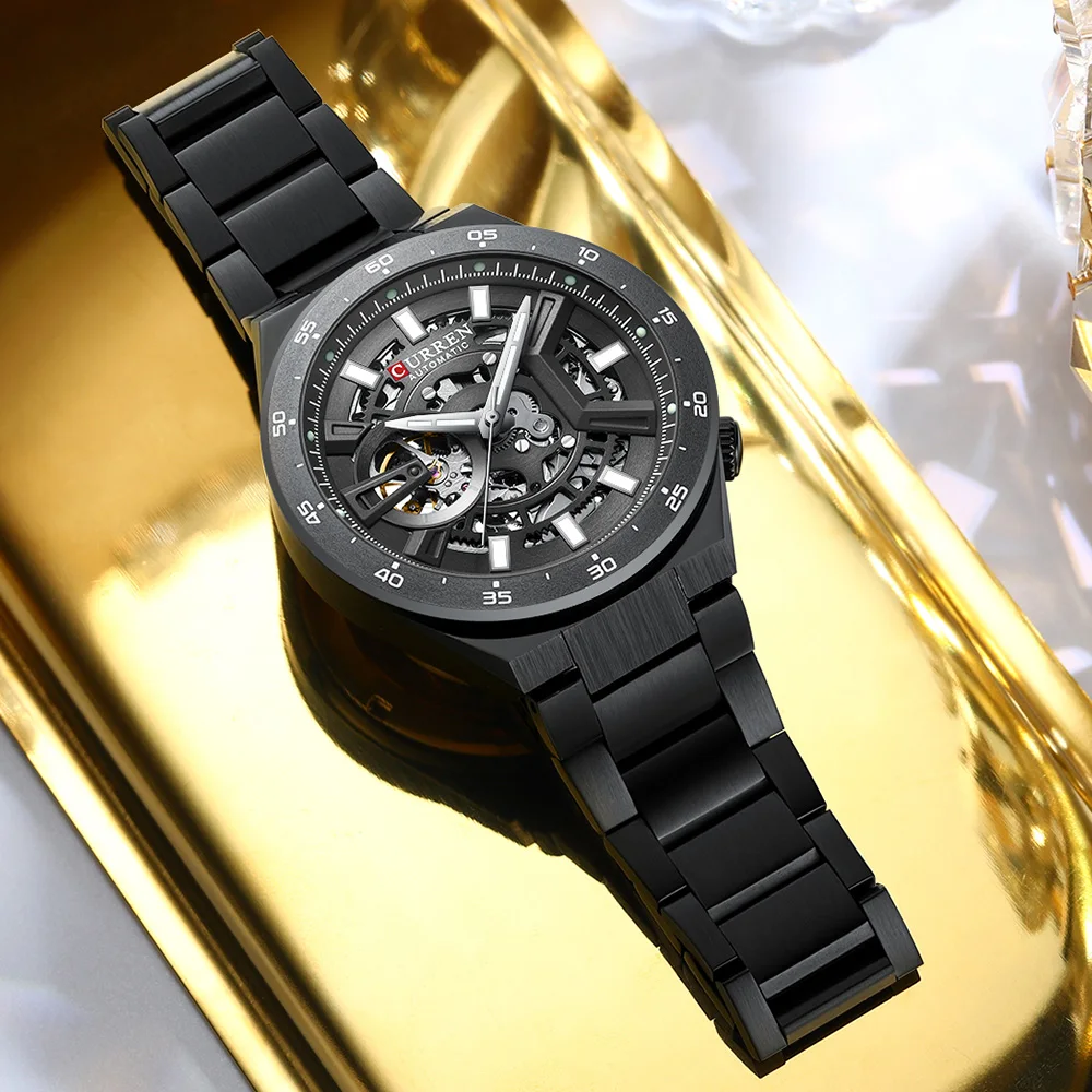 CURREN Brand Men's Fashion Sport Automatic Round Hollow Rotating Mechanical Stainless Steel Glow in the Dark Men Watch view 3