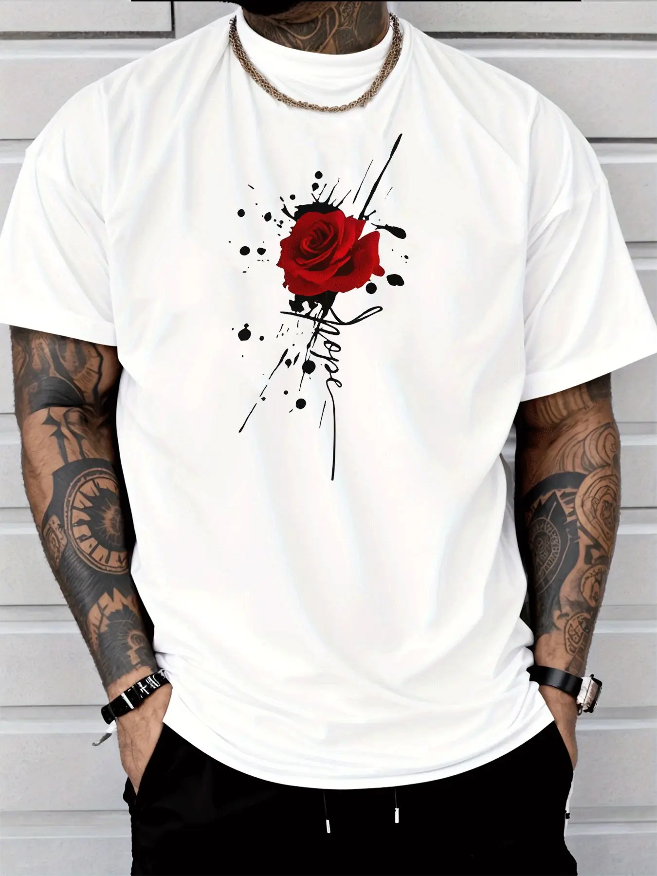 Red Rose Splash Art Mens Front Print T Shirt Floral Handwriting Graphic Tee Casual Short Sleeve Top Romantic Gift For Men