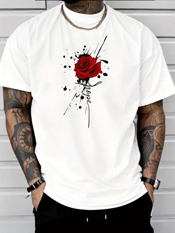 Red Rose Splash Art Mens Front Print T Shirt Floral Handwriting Graphic Tee Casual Short Sleeve Top Romantic Gift For Men