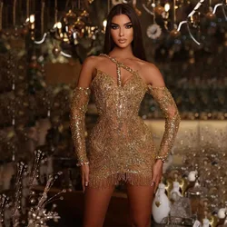 Glitter Golden Short Prom Dresses High Quality Luxury Beads Pearls Crystal Party Gowns Cocktail Robe De Bal For Women Customized