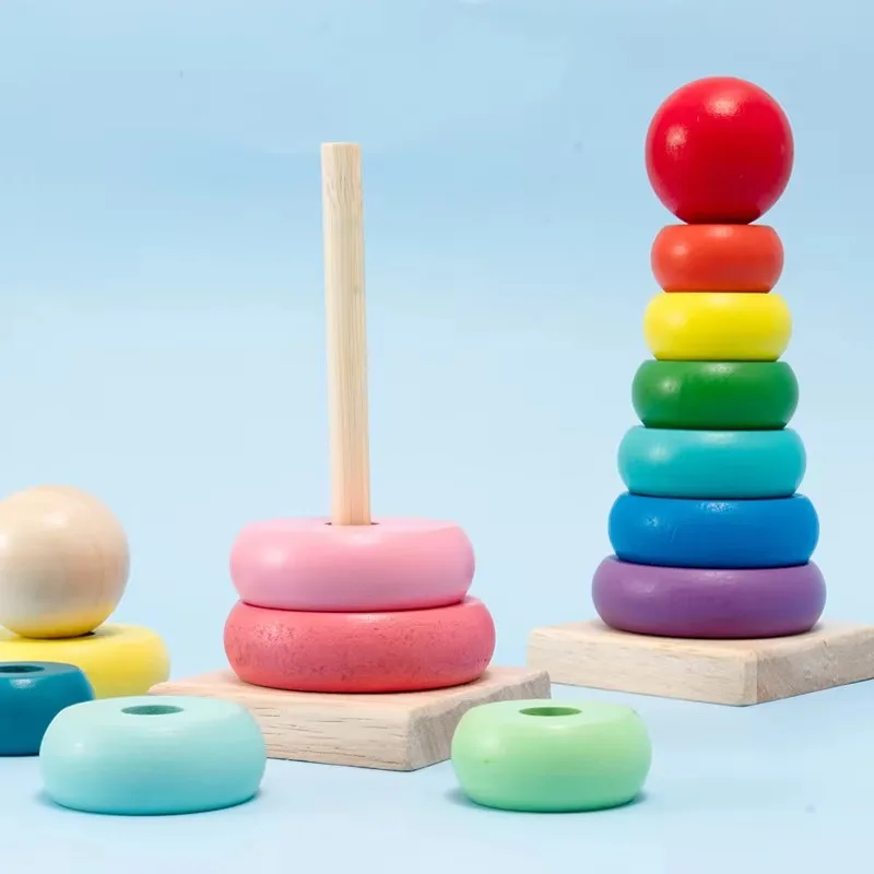 Children's Stacking Toys Eco-Friendly Puzzle Wooden Rainbow Stacking Tower Wooden Toys