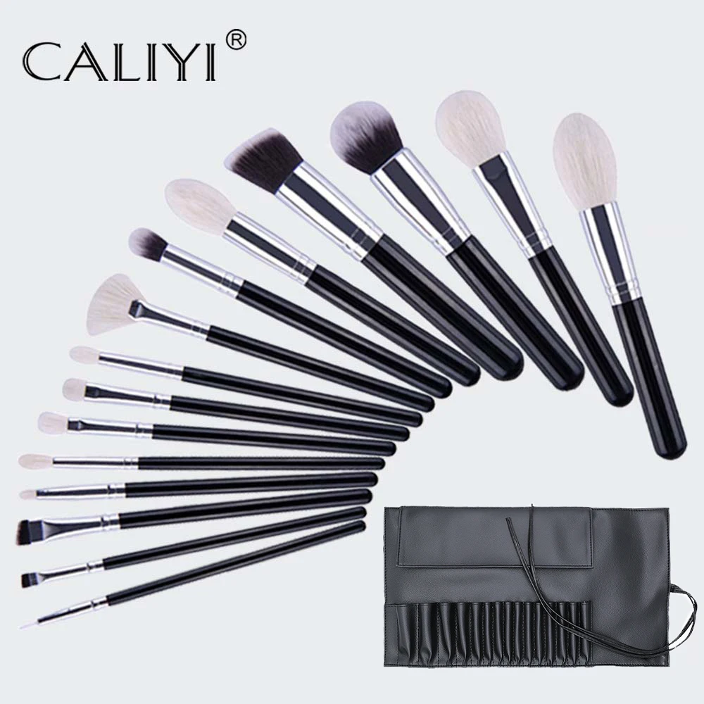 Calibyi-ヤギの毛,女性用,プロ用,自然化粧品,クリーナー,化粧品,パウダー,目,唇ツール,ギフト,15個用のメイクブラシセット