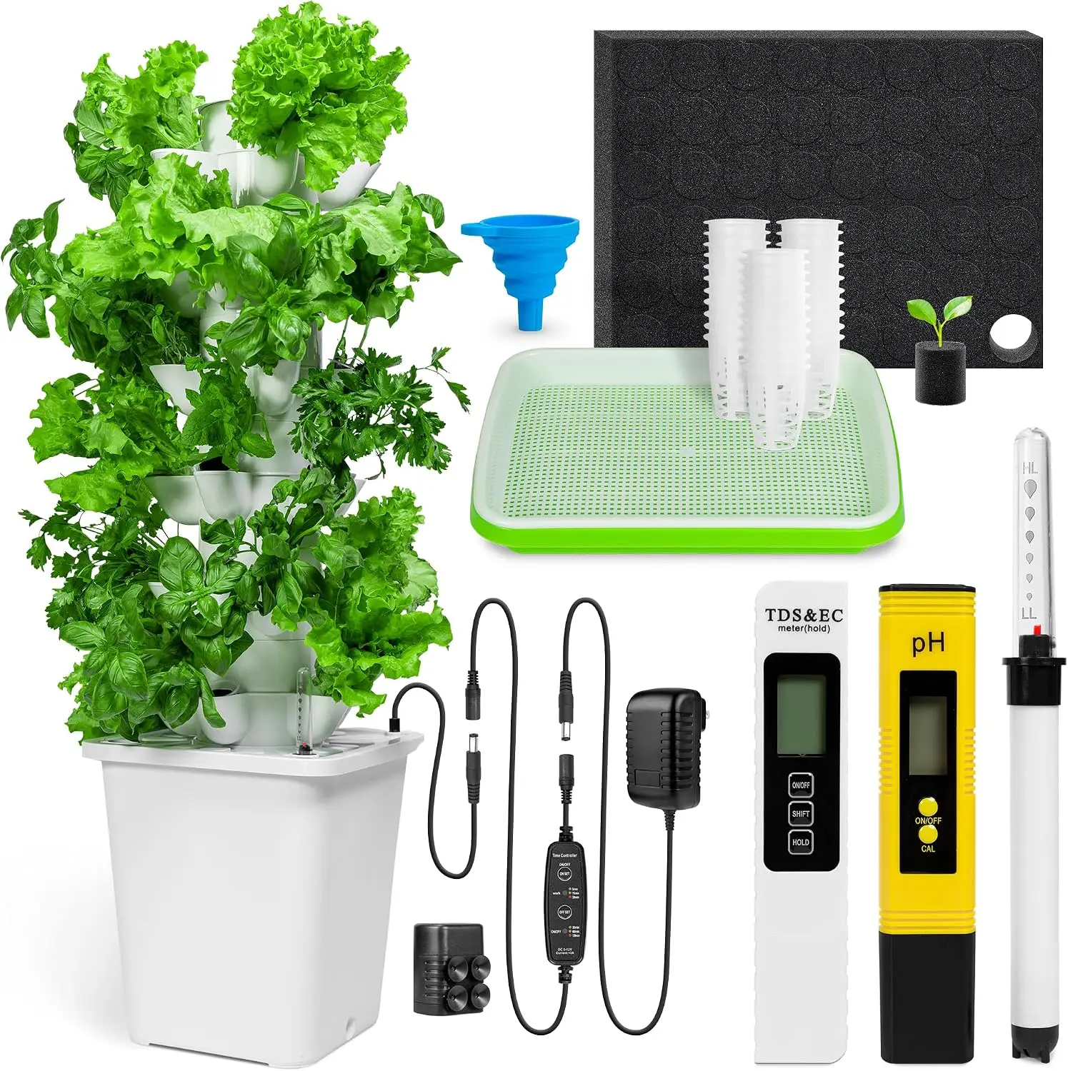 Hydroponic Tower Growing System Indoor Gardening 30 Plants 6 Hydroponic Columns Water Pump 264 Gallon Seedling Kit 35 Grow Spong