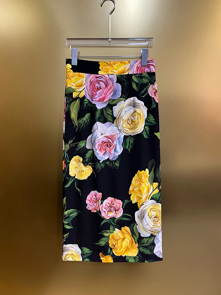 JUNLINNA Summer Fashion Elegant Women Office Skirt Flower Printing Silk Half Dress High Street Lady