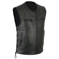 2023 New Solid Color Mens Vest Motorcycle Standing Collar PU Leather Vest Jackets Team Punk Sleeve Tops Male Large Size 5XL