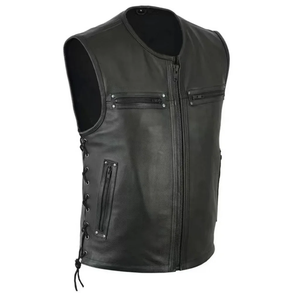 2023 Nowa kamizelka męska w jednolitym kolorze z kołnierzem stojącym PU Kurtki skórzane Team Punk Sleeve Tops Męskie duże rozmiary 5XL
