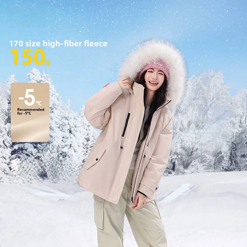 Snow Fly 2026 Nueva Chaqueta de Plumón de Estilo Coreano para Mujer, de Longitud Media, con Cuello de Piel, Parka Utilitaria con Cintura Ajustable