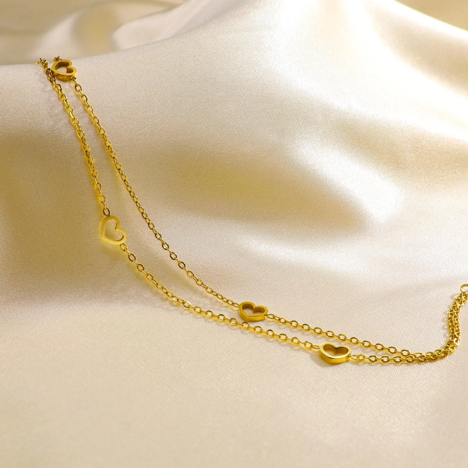 Women\'s Dainty Anklets Jewelry for Daily Beach Holiday, Gold Color Stainless Steel Hollow Heart Shape Double Chains Charm Anklet