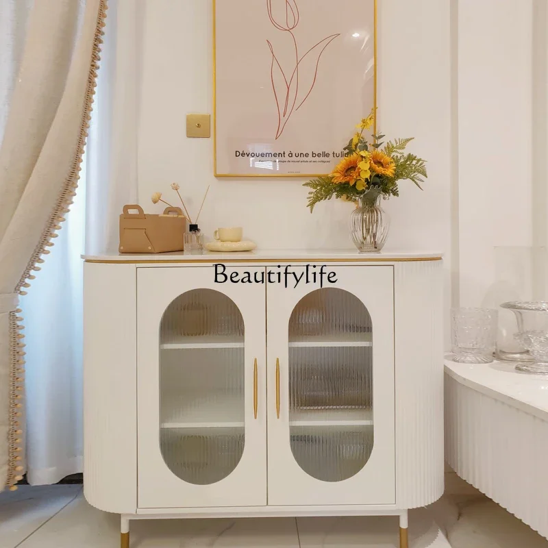 

yj5White Stone Plate Sideboard Cabinet Wall Light Luxury Living Room Solid Wood Storage Modern Minimalist Entrance Cabinet