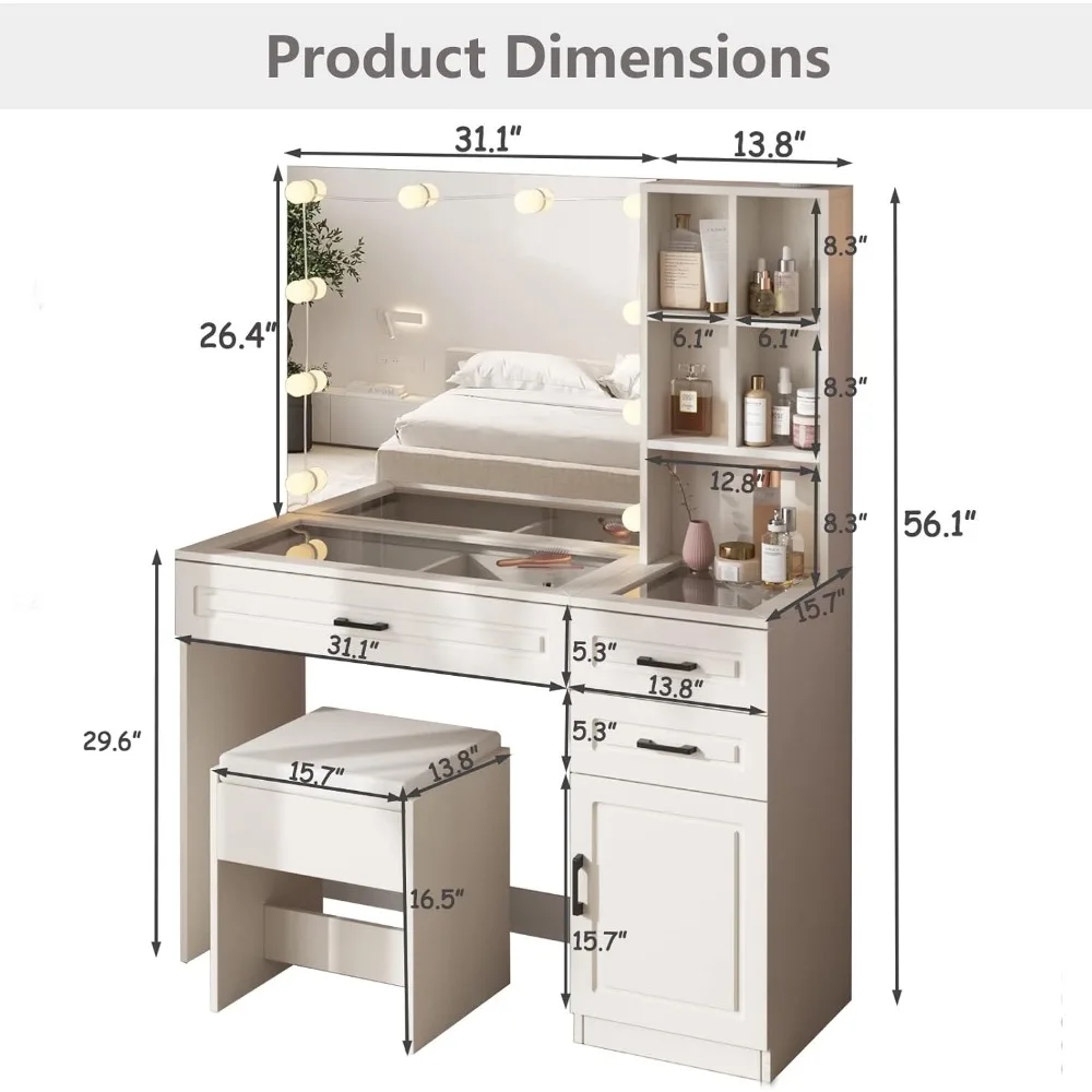 Imagem -06 - Mesa de Vaidade Branca com Espelho e Luzes Mesa de Vaidade de Vidro Gavetas e Armários Espelho hd Grande Mesas de Maquiagem