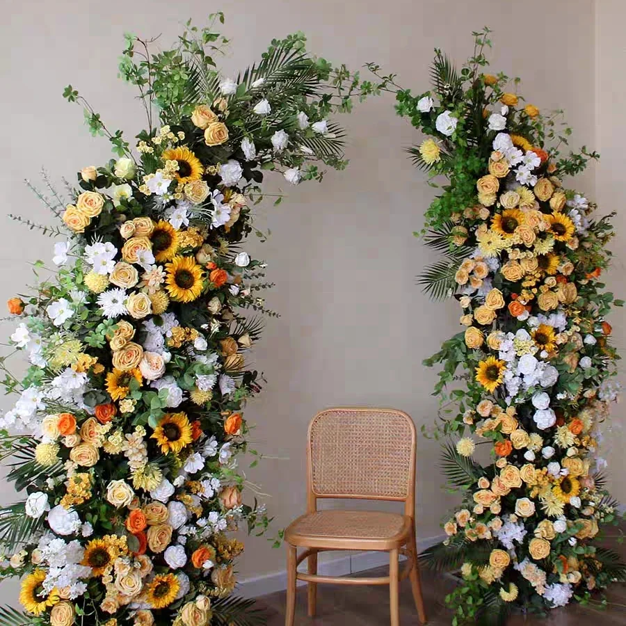 Suministros para fiestas, fotomatón, decoración de boda, girasoles de seda, rosas amarillas artificiales, arco de boda, centros de mesa, telón de fondo