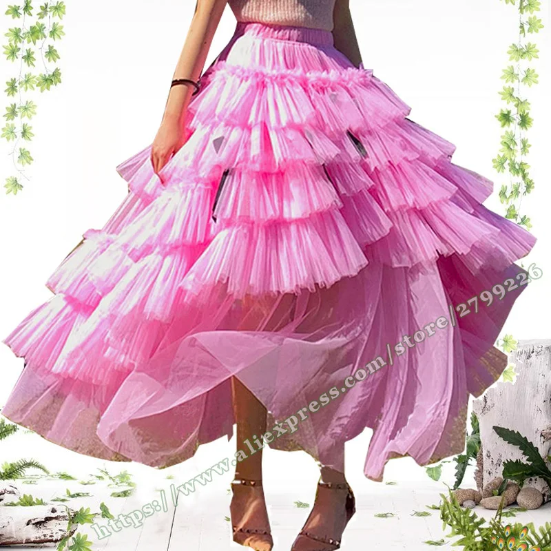 

2024 Cute Asymmetrical Pleated Pink Mesh Skirt for Girls Lotus leaf bow Multi layer fluffy spliced cake Womens skirt