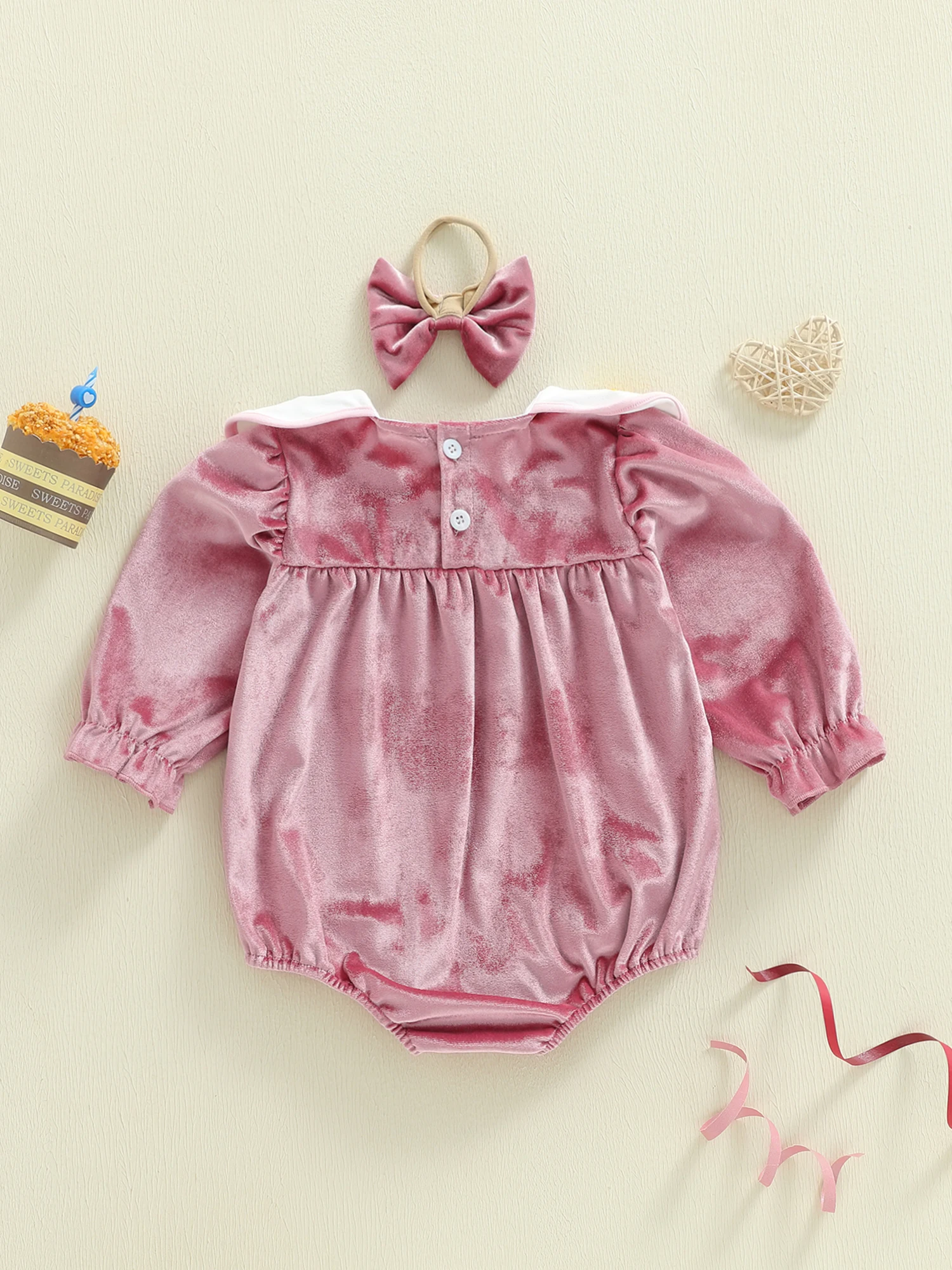 

Toddler Girl Floral Print Romper with Matching Bow Headband 2 Piece Set Comfortable Crew Neck Long Sleeve Baby Jumpsuit