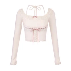 2023 Pink Japanese Style Kawaii Lolita Crop Top Women White Korean College Sweet Top Solid Bow Lace Franch Cute Princess Blouse