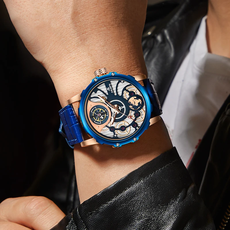 高級感のあるライトラグジュアリーメンズクォーツ腕時計、ファッショナブルなスタイル、中空文字盤デザイン、防水レザーストラップ、男性用腕時計（reloj）