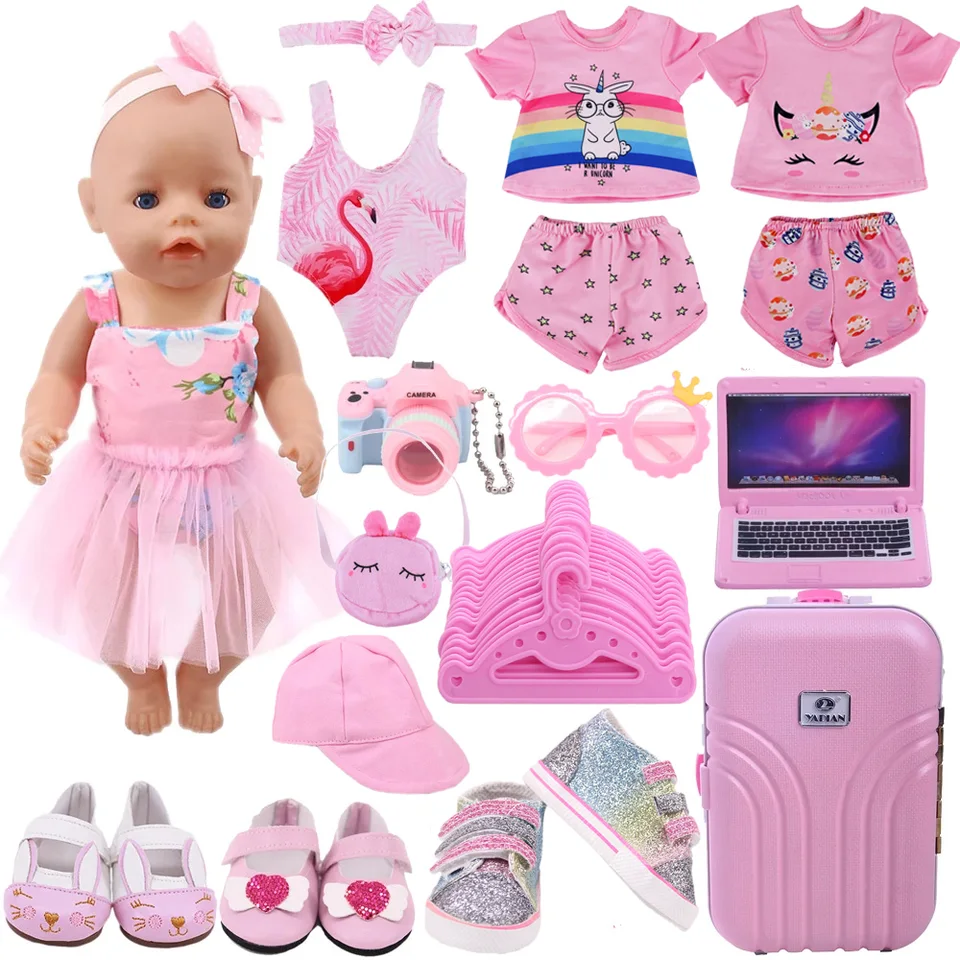 Lot De Vêtements Flamant Rose Pour Poupées 30-45 Cm – Haut, Pantalon, Chaussures, Cintres, Peluche – Cadeau Enfant
