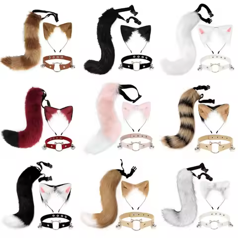 Simulation Fake Fox Wolf Tail Funny Plush Masquerade Party Tail Set Animal Ears Headband Cosplay