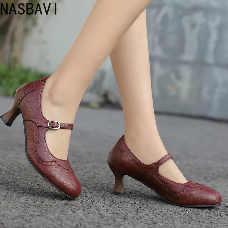 

NASBAVI Брендовые повседневные женские туфли-лодочки с круглым носком, необычные каблуки 6 см, с пряжкой и ремешком, большой размер 48 49 50, мягкие весенние туфли для женщин