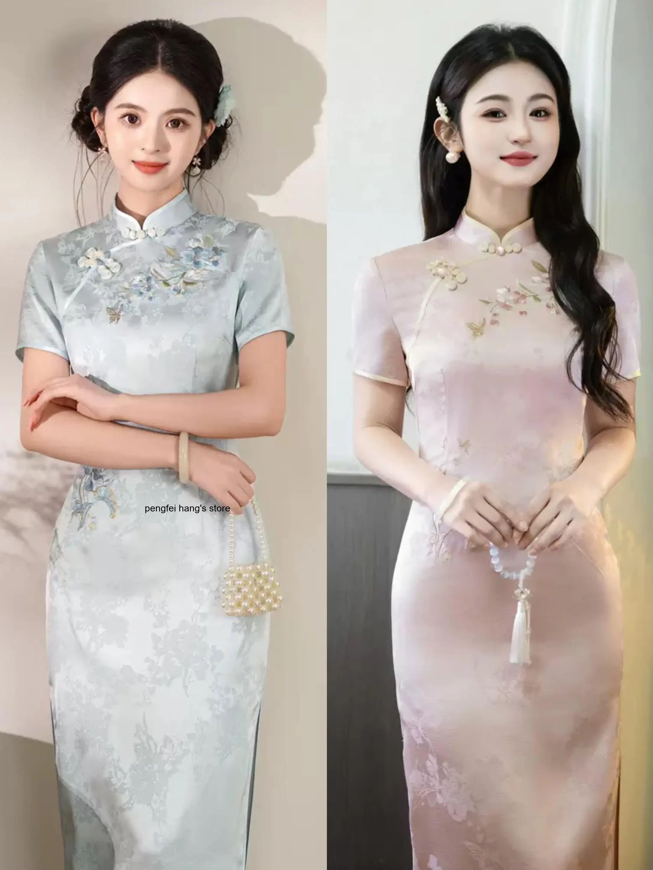 Women Blue Long Qipao 2026 Spring Summer New Chinese Style Short Sleeve Embroidery Double Layer Acetate Like Cheongsam Vestidos