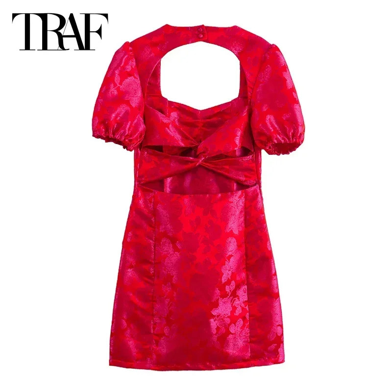 TRAF-Robe Courte en Jacquard pour Femme, Tenue de Soirée Élégante à Fleurs, Manches Bouffantes, Mini, Découpée, Dos aux, Été