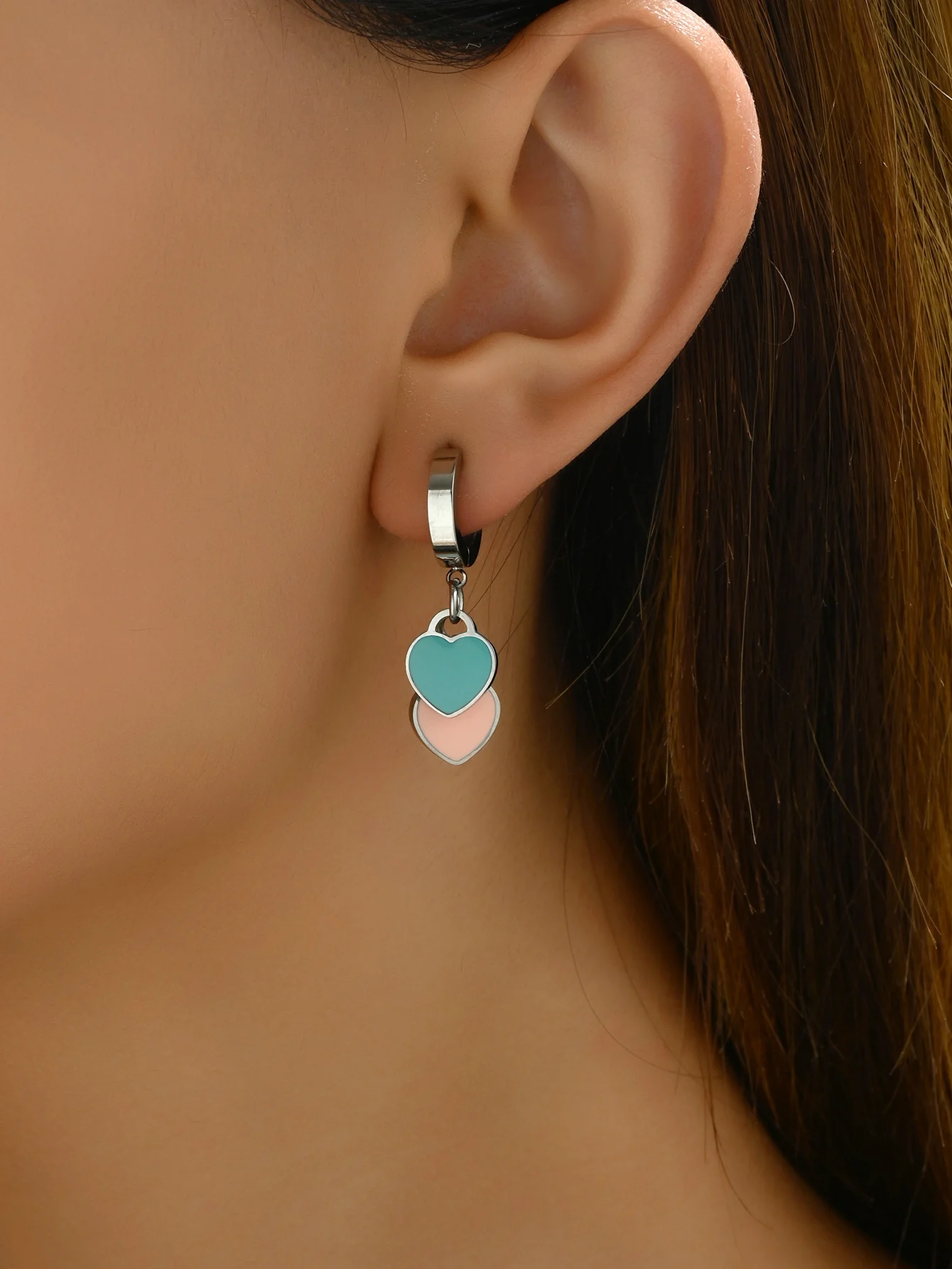 Love earrings female pink blue enamel double love pendant earrings