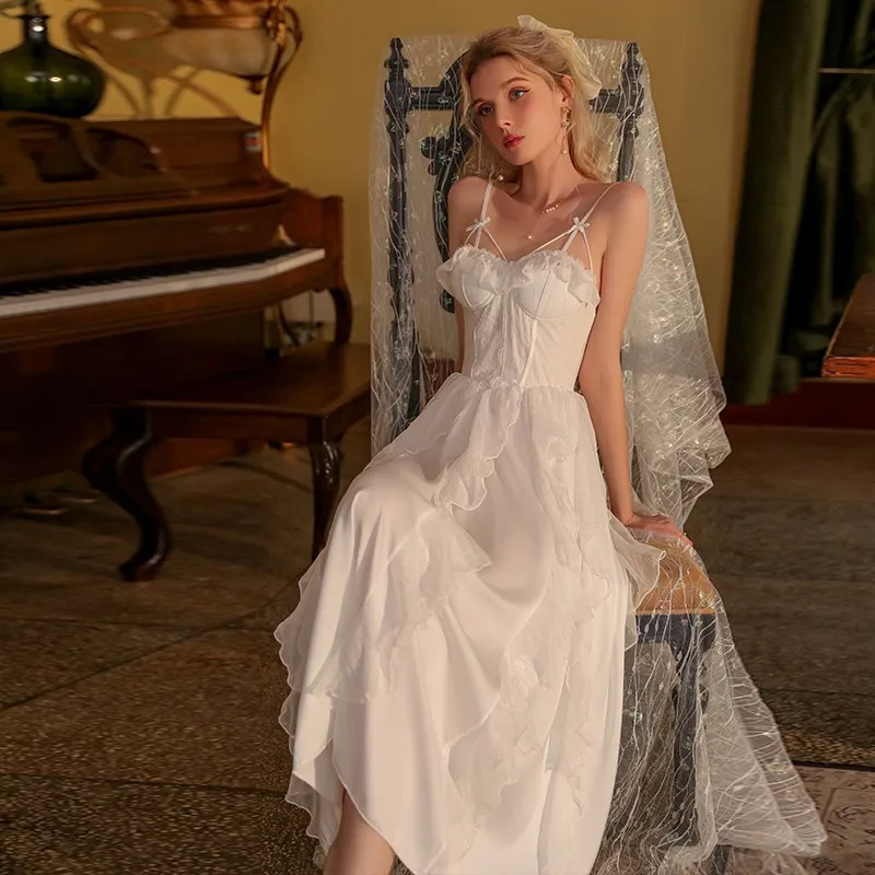 

Slip Nightdress Women's Ice Silk Lace Ribbon Chest Pad Long Wedding Bridesmaid Morning Gowns Homewear