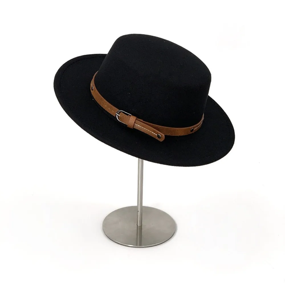 

Trendy Elegant Woolen Flat Top Hat Belt Buckle British Style Felt Hat Solid Color Wide Brim Women Jazz Hat Church Events