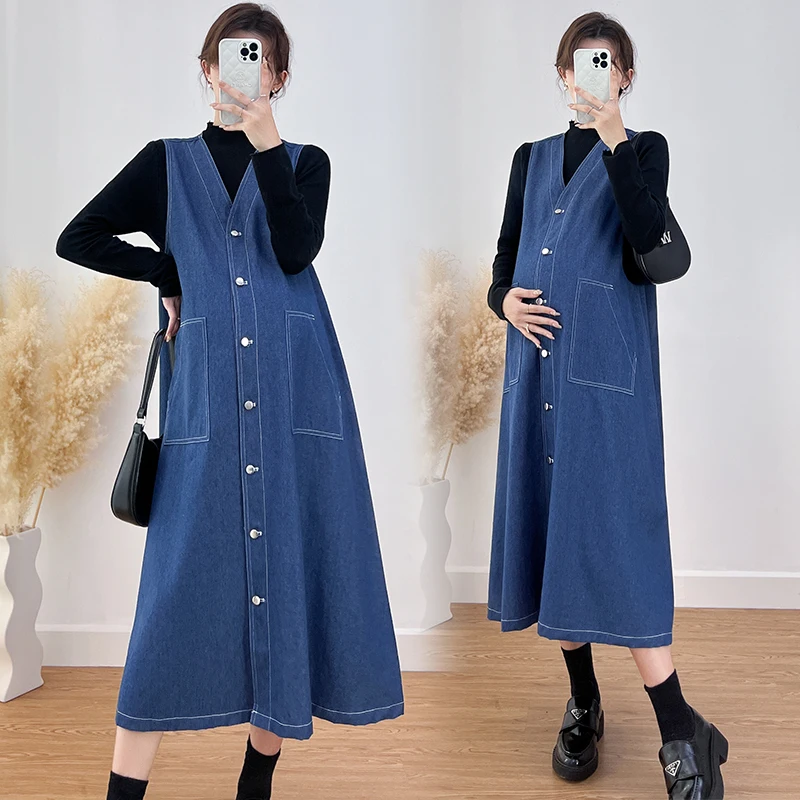 Winter Denim Maternity Women  Jeans  Dress Knitted Shirt Sets Loose Straight Clothes for Pregnant Women Casual Pregnancy