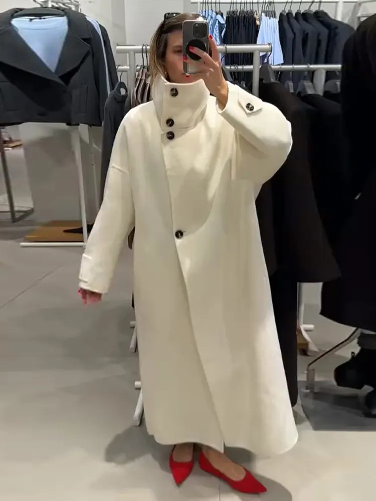 Manteau Long à col montant pour femme, élégant, rétro, Chic, ample, simple boutonnage, manteaux en Tweed blanc, pardessus de rue décontracté, hiver 2025