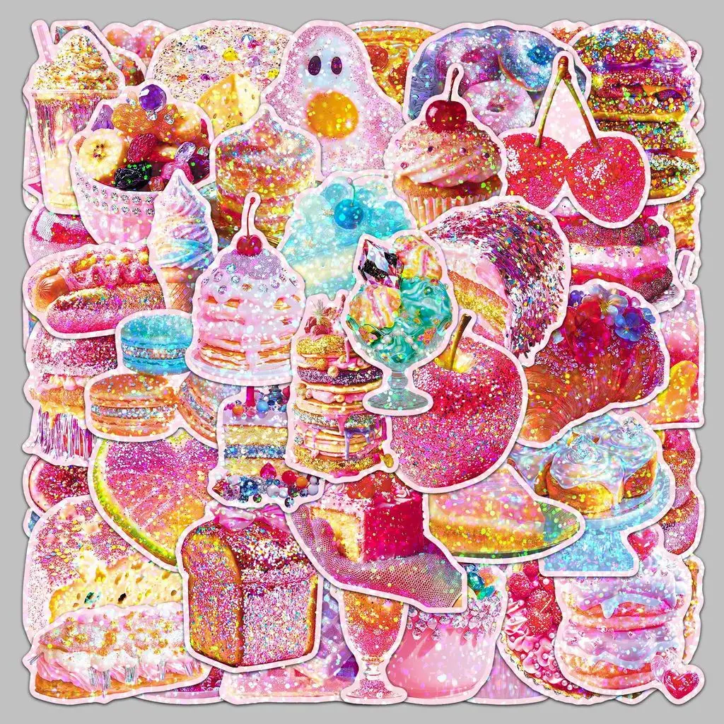 50Pcs Laser Sweet Overload Holographic Stickers Waterproof Sparkle Dessert Decals for Journal Supplies LanLanStickersWorld Store