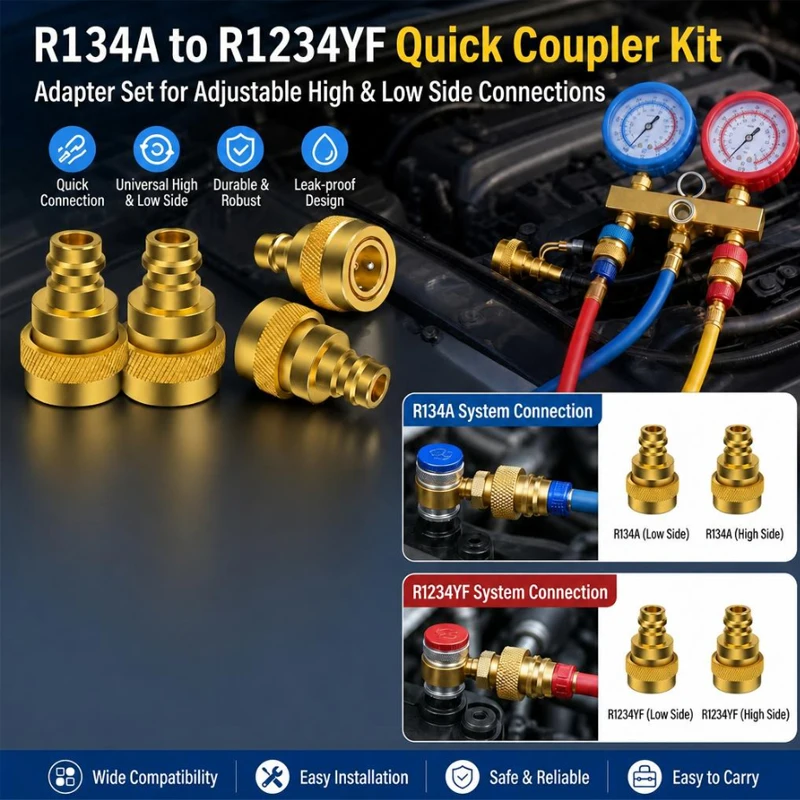 2pcs Brass Quick Couplers For High/Low Pressure Sides Car Ac System Repair Tools  R1234yf To R134a Conversion Adapter Kit