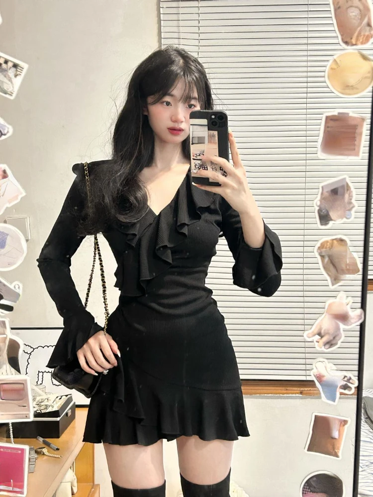 Autumn French Elegant Black Y2k Mini Dress Caual Long Sleeve Short Party Dress Office Lady Slim Pure Color Dress Woman Chic