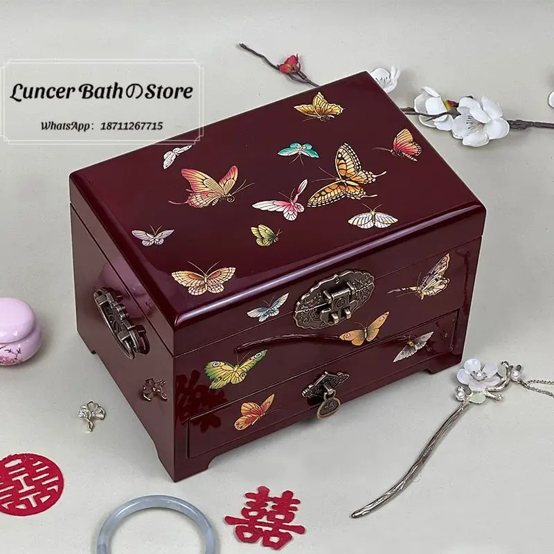 Intangible Cultural Heritage Lacquer Jewelry Box Hand Painted Butterfly Wedding Dowry Box Makeup Box Chinese Style Light Luxury