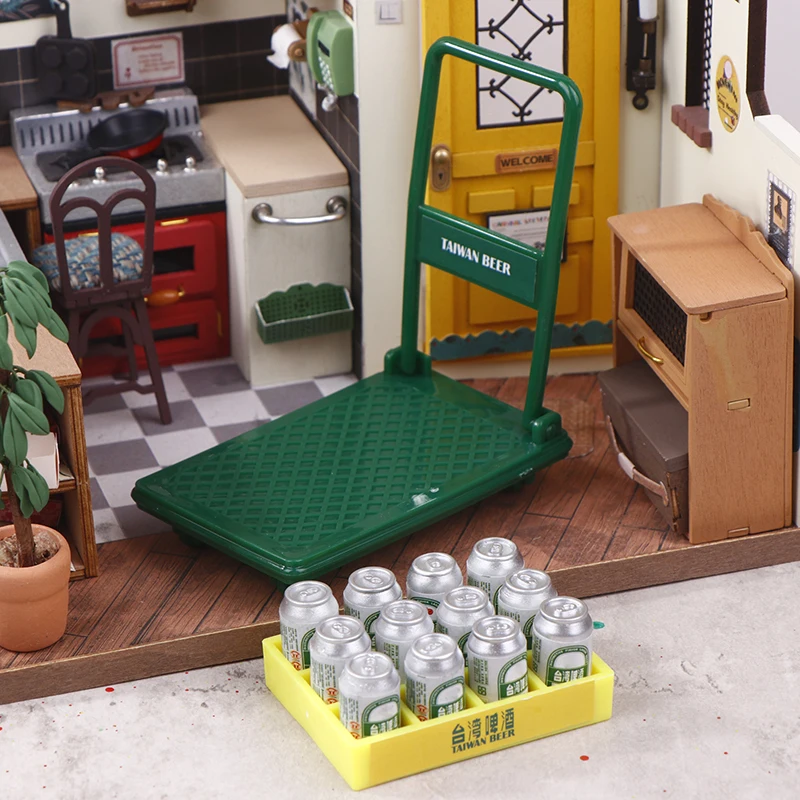 1 conjunto de peças de móveis para casa de bonecas, mini carrinho de mão, acessório de compras, carrinho de supermercado, caixas de bebidas, modelo para decoração de casa de boneca
