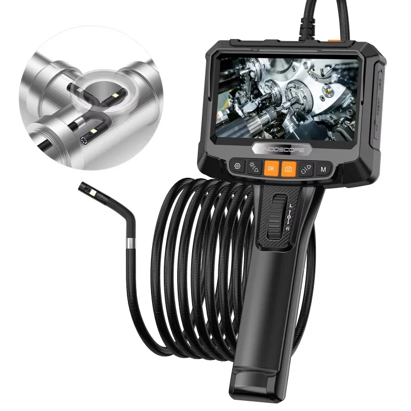 2-Ways Articulating Endoscope with 5inch IPS Display 8.5mm Dual Lens Digital Borescope Industrial Steering Inspection Camera