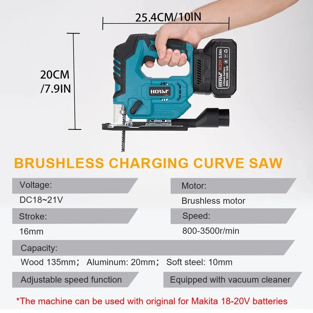 Hormy Brushless Electric Curved Saw Cordless Jig Saw Portable Multi-Function Carpenter Power Tool For Makita 18V Lithium Battery