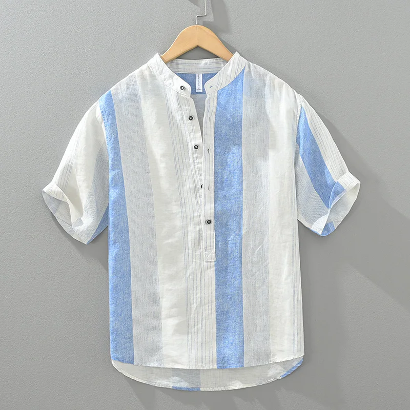 100%Linen Pullover Short Sleeve Shirts for Men 2024 Summer New Fashion Striped Casual Loose Shirts