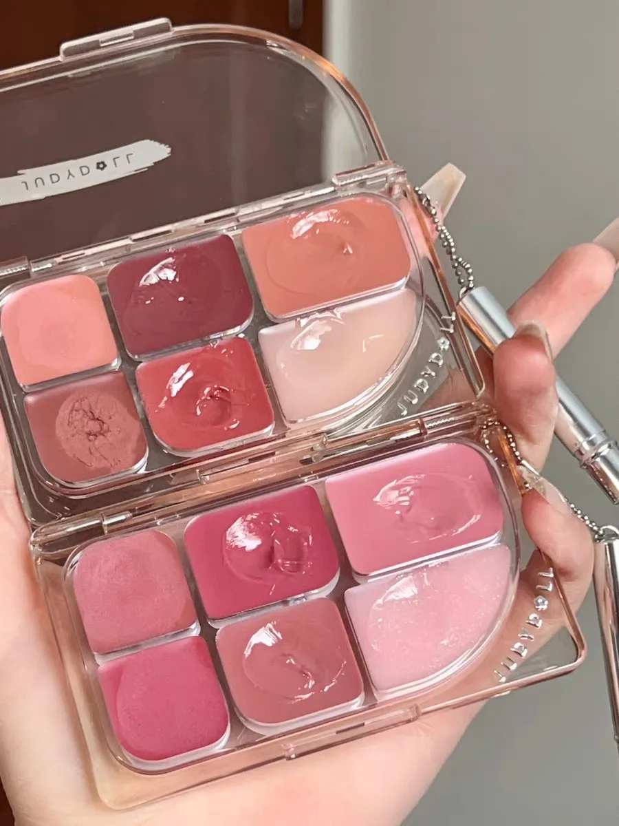 JUDYDOLL 6-Colors Matte Jelly Texture Lip Gloss Palette Lip and Cheek Dual-use DlY Blusher Gel Crystal Red Lipstick With Brush