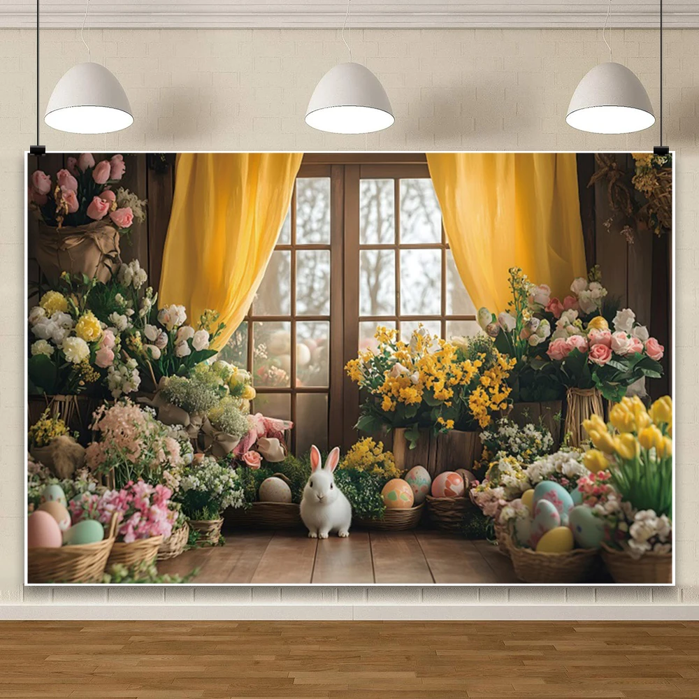 ปาร์ตี้อีสเตอร์ไข่การถ่ายภาพฉากหลังสนามหญ้ากระต่ายสวนสีเหลืองผ้าม่านหน้าต่าง Baby Shower ภาพพื้นหลัง Photo Studio Prop
