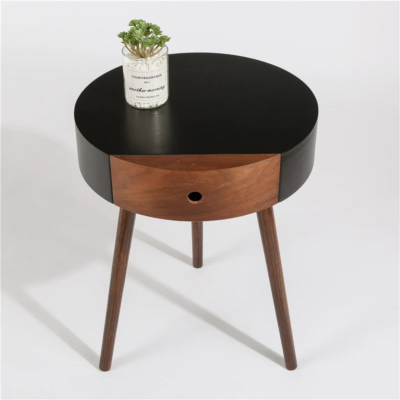 Wooden Coffee Table Small Bedside Table Nordic Living Room Sofa Side Table with Single-drawer End table Round Corner Desk